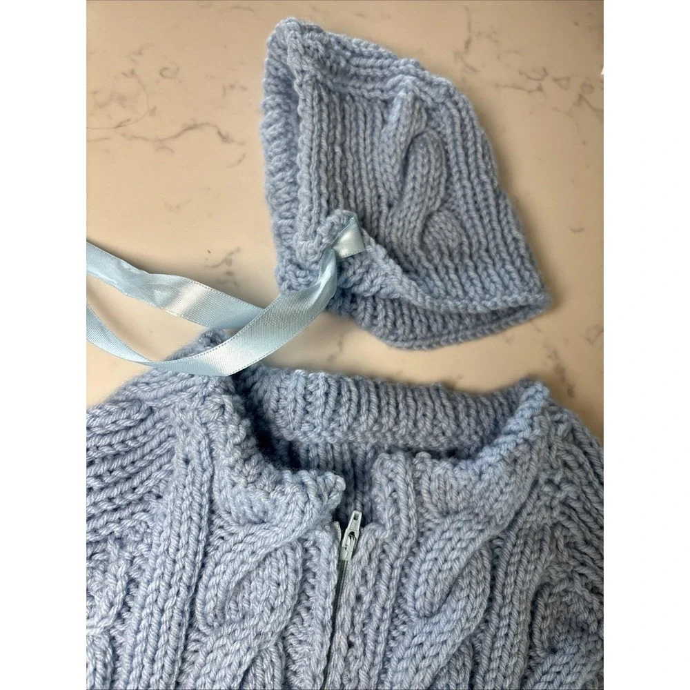 Handknit Baby‎ Sweater Sack Cable Knit Zipper Ribbon Matching Bonnet Boy Blue